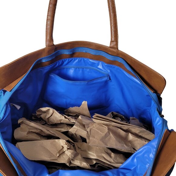 Blue & Brown Canvas & Faux Leather Avon Tote Bag With Anchor Logo 21" W X 15.5" - Picture 6 of 11